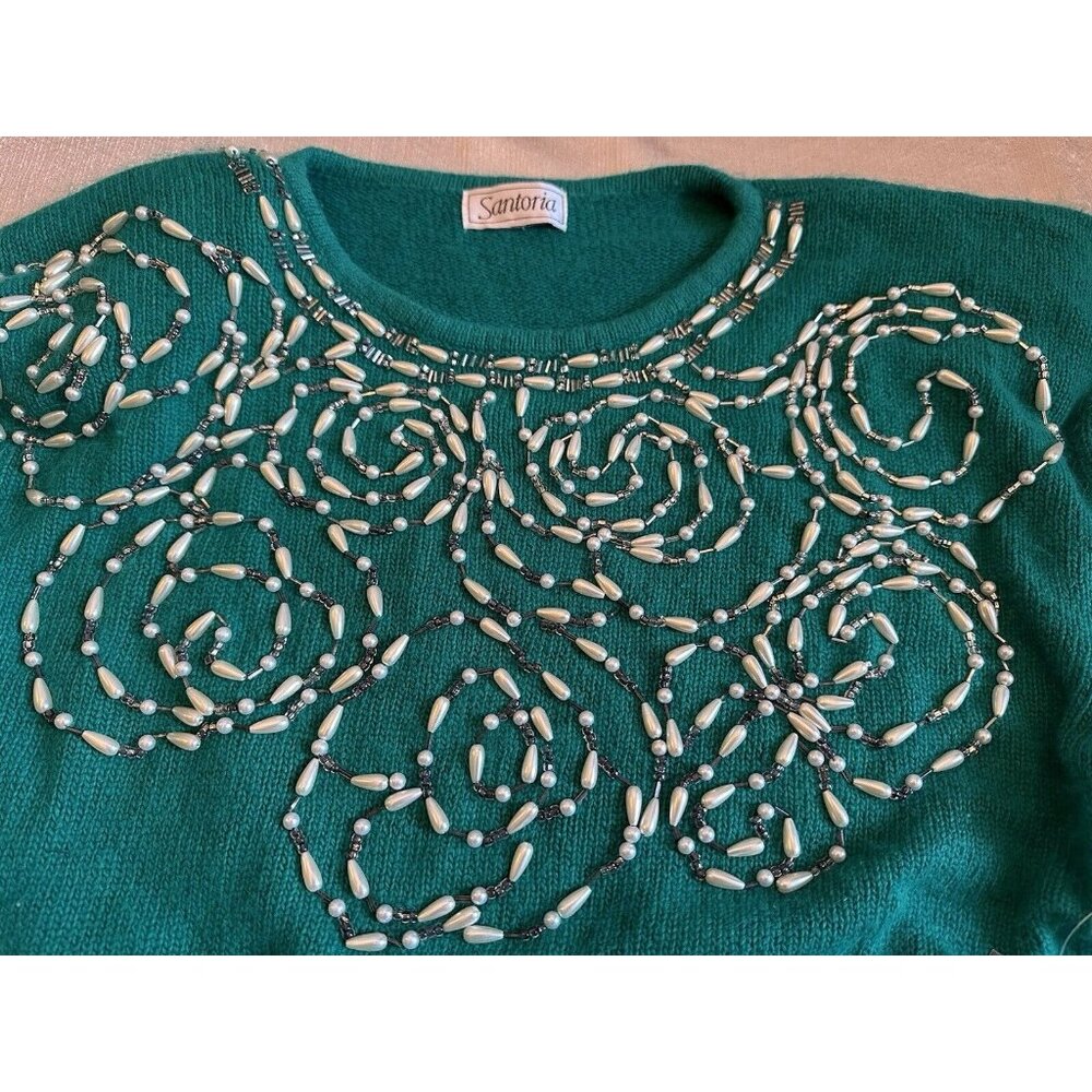 NEW Vtg Santoria Green Beaded Pearls Angora Beaded Sweater Sz Large SOFT - Picture 5 of 9